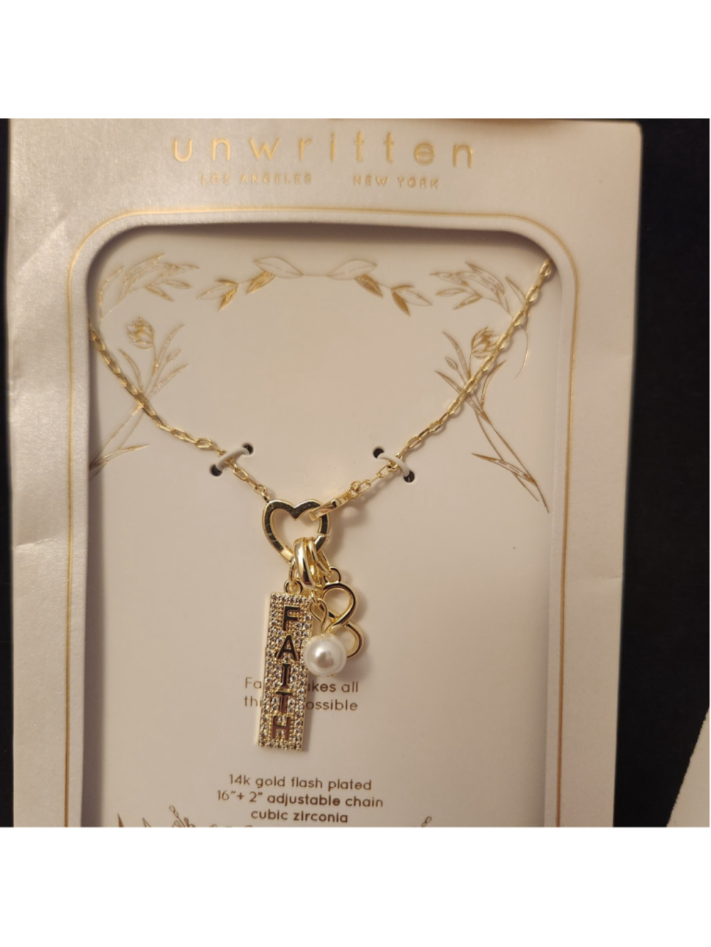 Unwritten 14k Gold Flash Plated FAITH Charm Necklace with Pearl and Infinity
